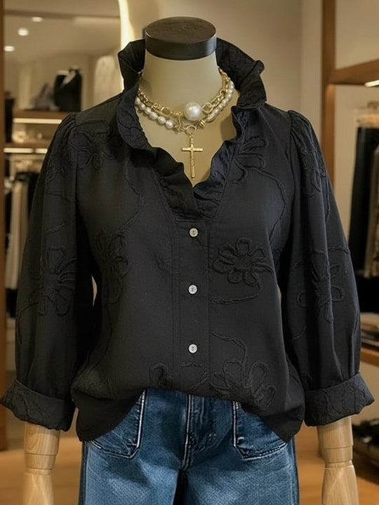 Damen elegante Bluse mit floralen Stickereien und voluminösen Ärmeln EB