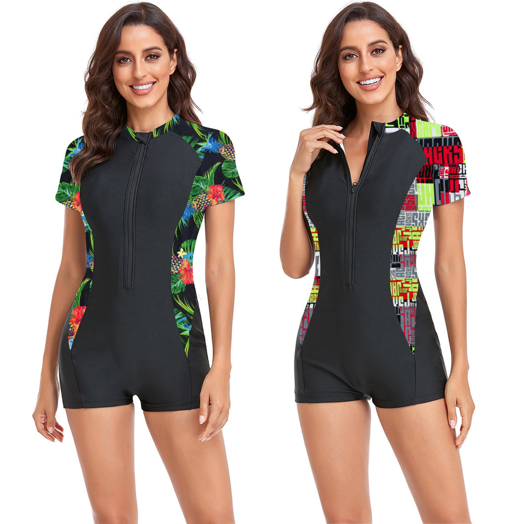 Damen Sportlicher Schwimmanzug mit kurzem Arm und buntem Floralprint EB