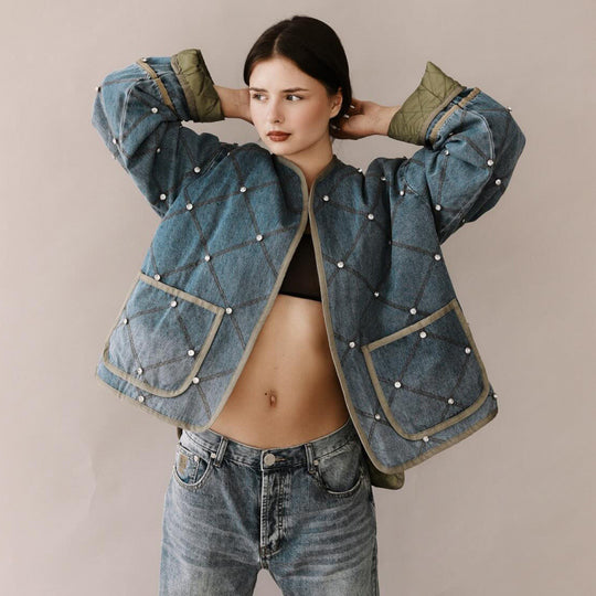 Damen modische denim Jacke mit Diamantsteppung EB
