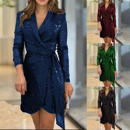 Damen Glamouröses Pailletten Minikleid mit Wickeldesign EB