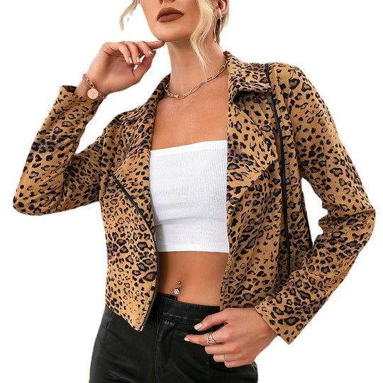 Damen modische Bikerjacke mit Leopardenmuster und stylischem Revers EB