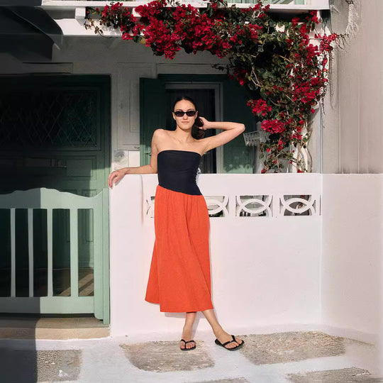 Damen ärmelloses Maxi-Kleid mit hochwertigem Oberteil und voluminösem Rock EB