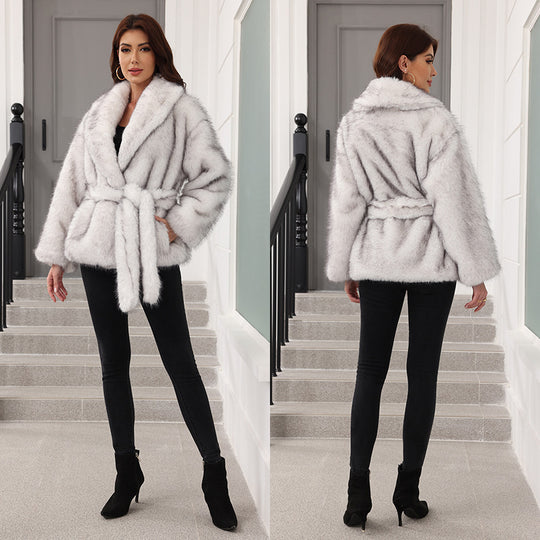 Damen Eleganter Kunstpelzmantel mit Gürtel und breitem Revers EB