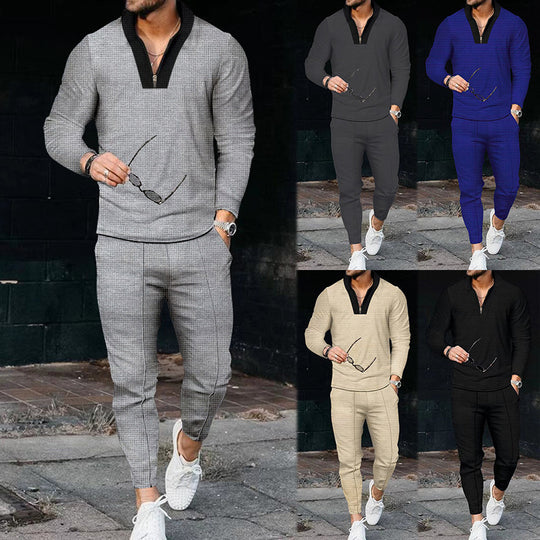 Herren sportliches Freizeit-Jogginganzug mit Hochkragen und eleganter Struktur EB