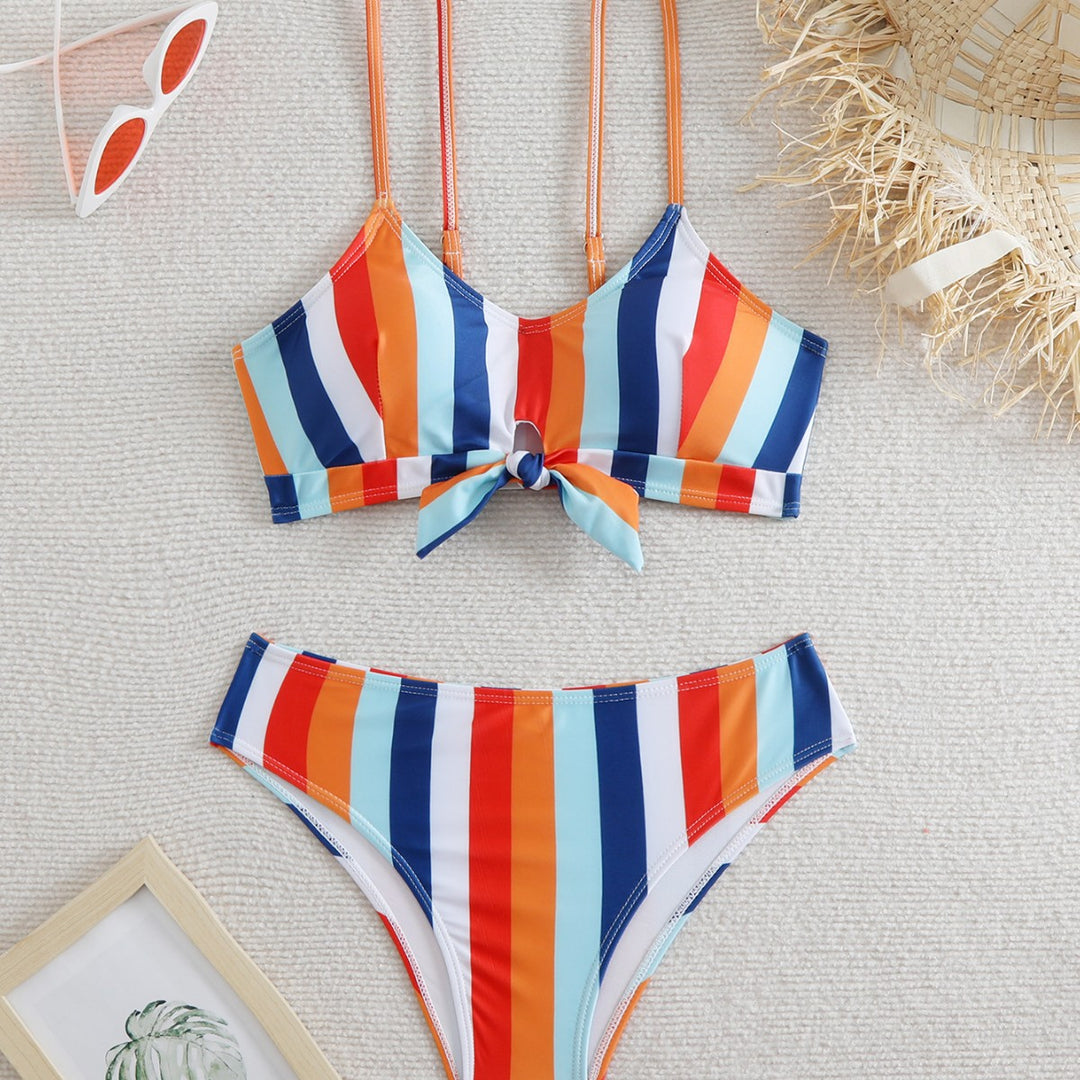 Damen Bikini-Set mit modischem Knoten und buntem Streifenmuster EB
