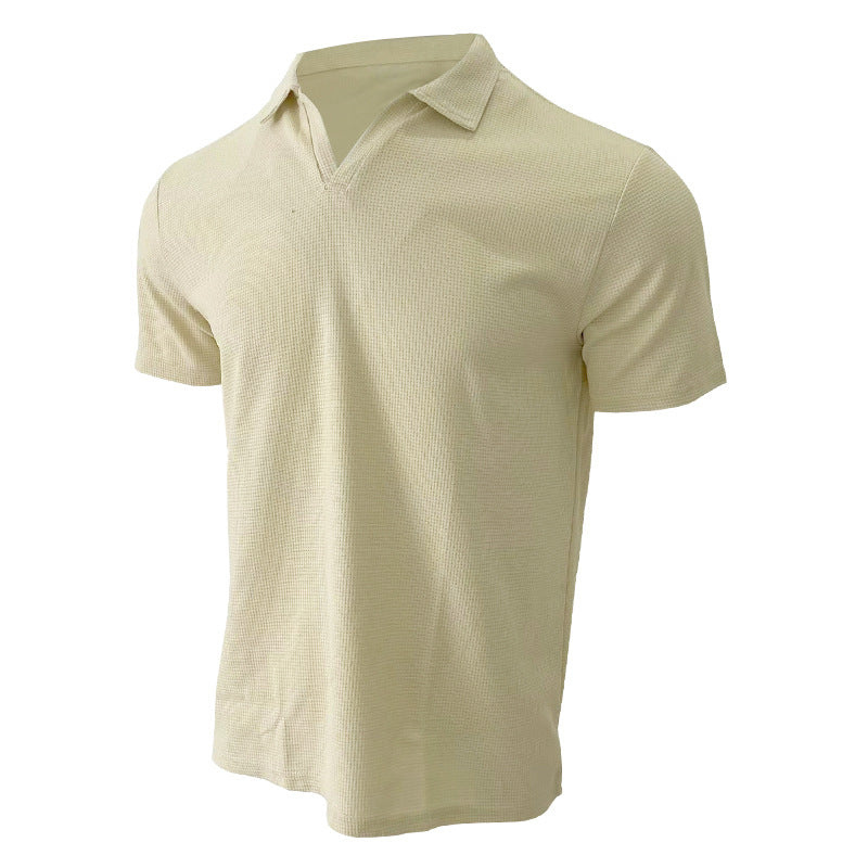 Herren nan leichtes Kurzarm-Polo aus Waffeljersey mit offenem V-Ausschnitt und Hemdkragen EB