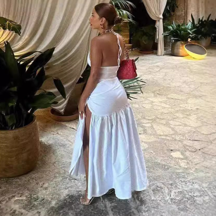 Damen Elegantes Strandkleid mit seitlichem Schlitz und tiefem V-Ausschnitt EB