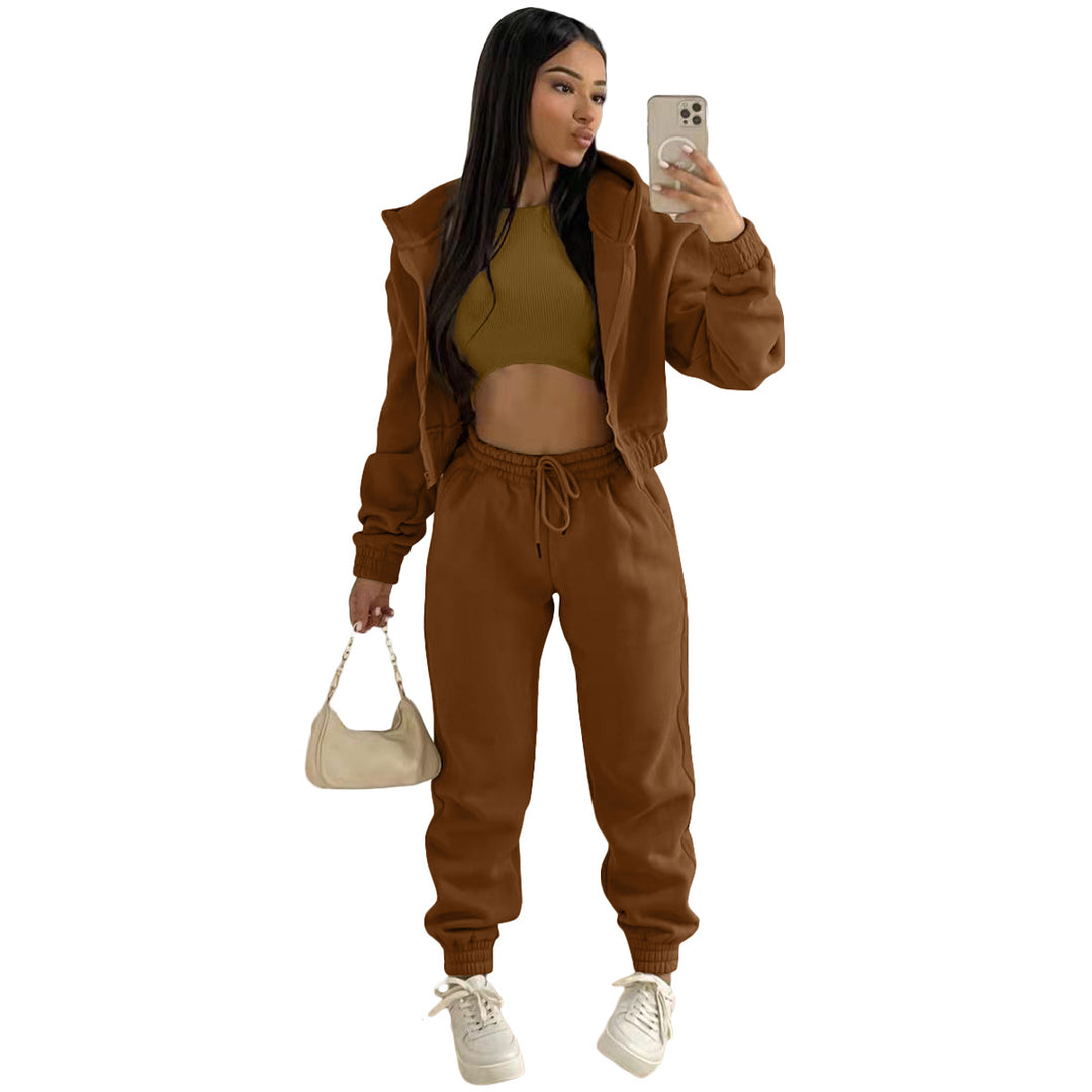 Damen stylischer Sportanzug mit lässiger Kapuzenjacke und elastischen Bundelementen EB