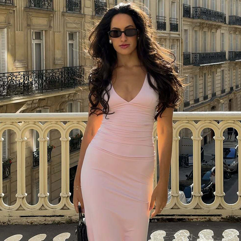 Damen Elegantes Kleid mit tiefem V-Ausschnitt und raffiniertem Rücken EB