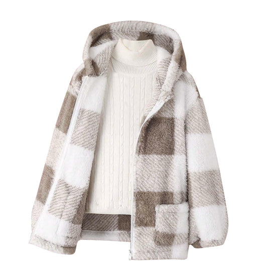 Damen Fleecejacke mit kariertem Muster und praktischen Taschen EB