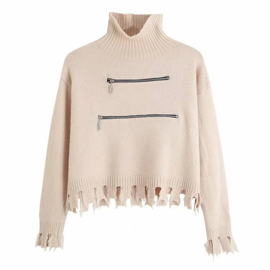 Damen stylischer Stehkragenpullover mit zwei asymmetrischen Reißverschlusstaschen und fransigem Saum EB