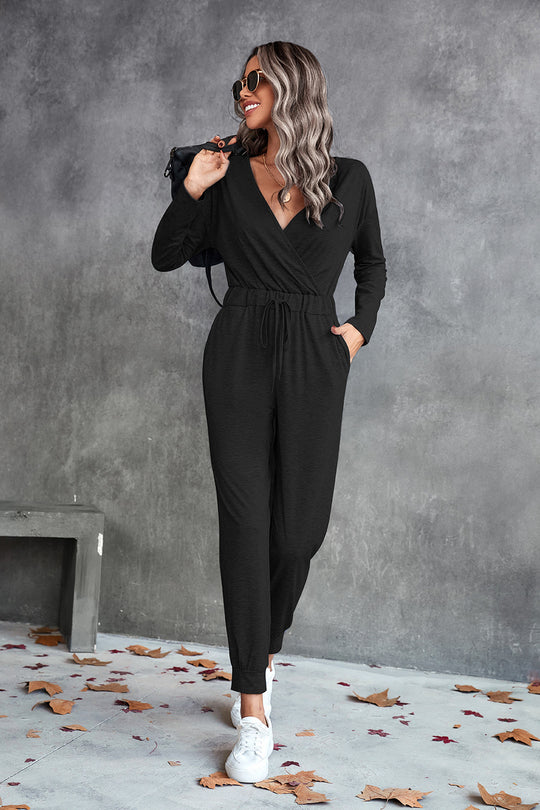 Damen Lässiger Langarm-Jumpsuit mit Wickeloberteil und elastischem Bund EB