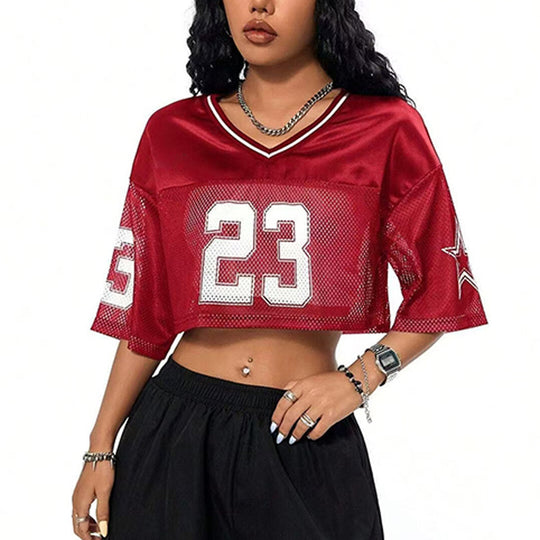 Damen sportliches Crop-Top aus atmungsaktivem Mesh-Material mit Nummer CD-EB