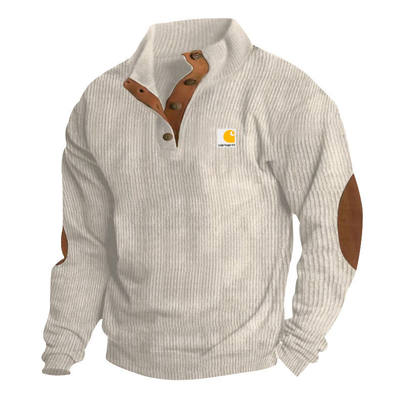 Herren nan Strickpullover im Troyer-Stil mit Stehkragen Lederbesatz Druckknopfleiste und Ellbogen-Patches EB
