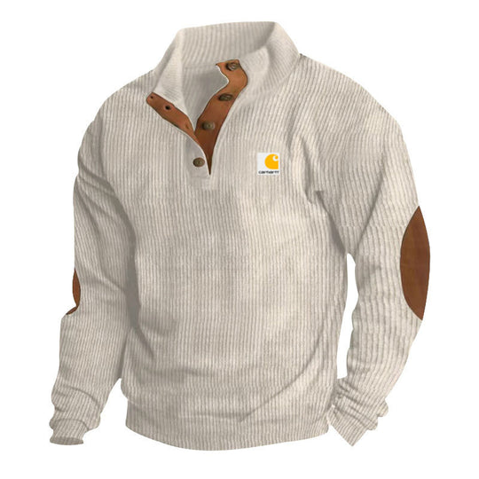 Herren nan Strickpullover im Troyer-Stil mit Stehkragen Lederbesatz Druckknopfleiste und Ellbogen-Patches EB