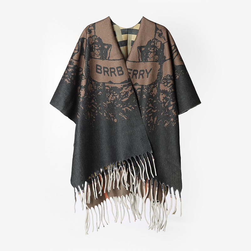 Damen Oversize-Capeponcho im Rechteckschnitt mit Fransensaum und zweilagigem Jacquard-Innenfutter EB
