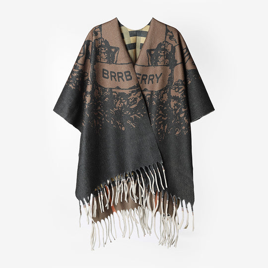 Damen Oversize-Capeponcho im Rechteckschnitt mit Fransensaum und zweilagigem Jacquard-Innenfutter EB