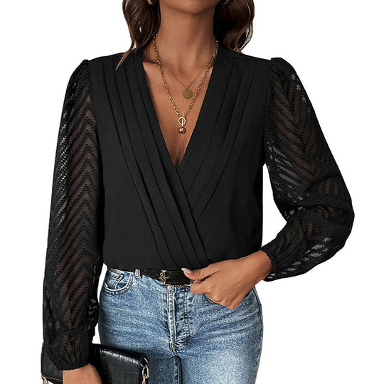 Damen Wickelbluse mit feinen Plissee-Details und transparenten Ärmeln EB