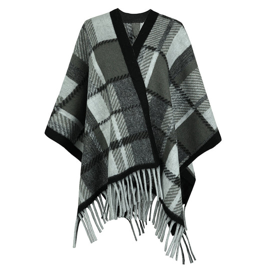 Damen eleganter Poncho mit modernem Karomuster und Fransen EB