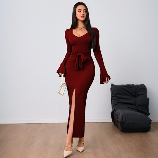 Damen figurbetontes Maxikleid mit V-Ausschnitt Trompetenärmeln Taillenband und hohem Seitenschlitz Eichborn Berlin