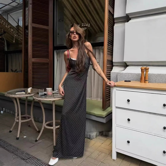 Damen Maxikleid mit Punkten und eleganter Spitzenverzierung EB