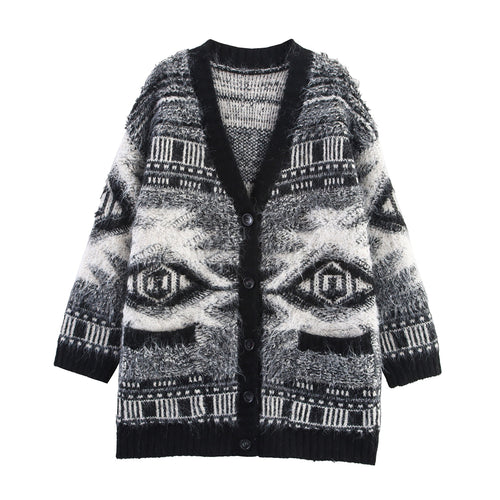 Damen Gemusterter Langarm-Cardigan mit Knopfleiste EB