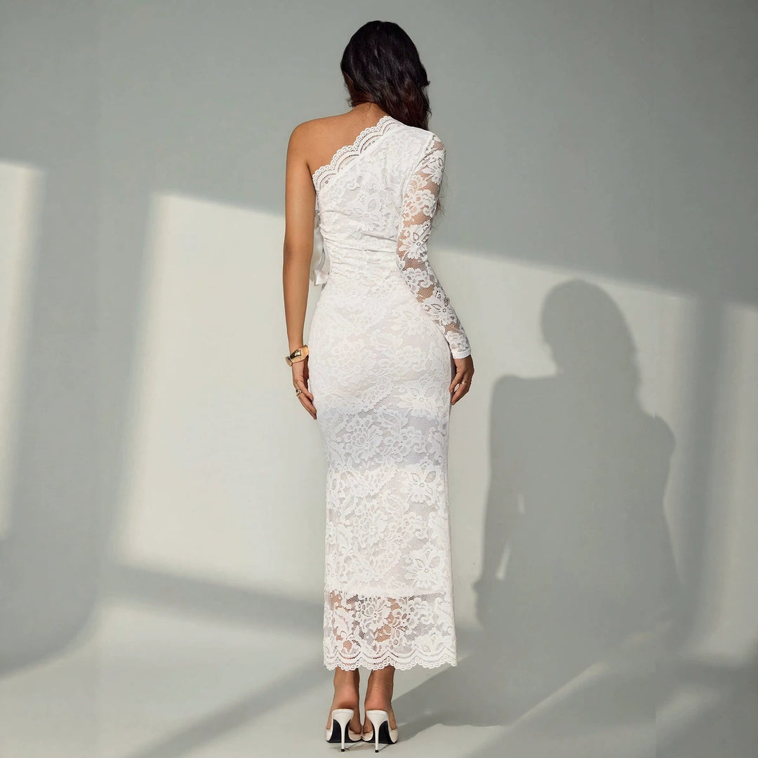 Damen nan einärmiges Spitzen-Midikleid mit Taillen-Cut-Out und Zierschleife EB