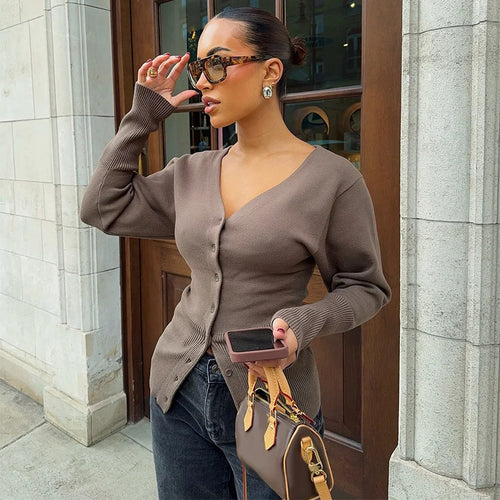 Damen Strickjacke mit V-Ausschnitt und Knopf-Detail EB