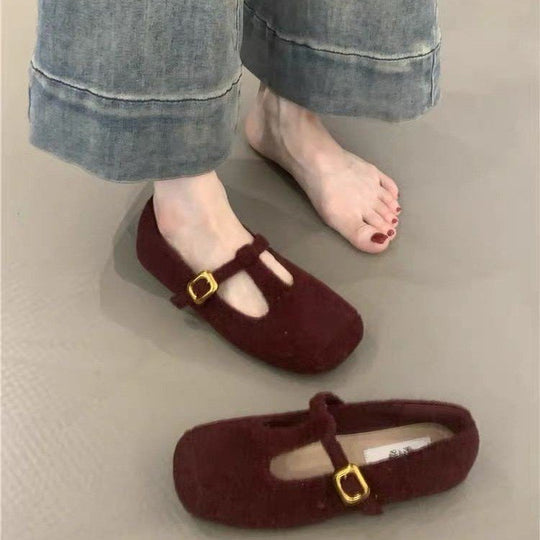 Damen elegante Filz-Ballerinas mit dekorativem Riemchen und bequemer Sohle EB