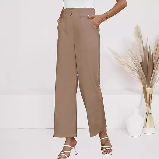 Damen weite Stoffhose mit elastischem Bund und modischen Knopfdetails EB
