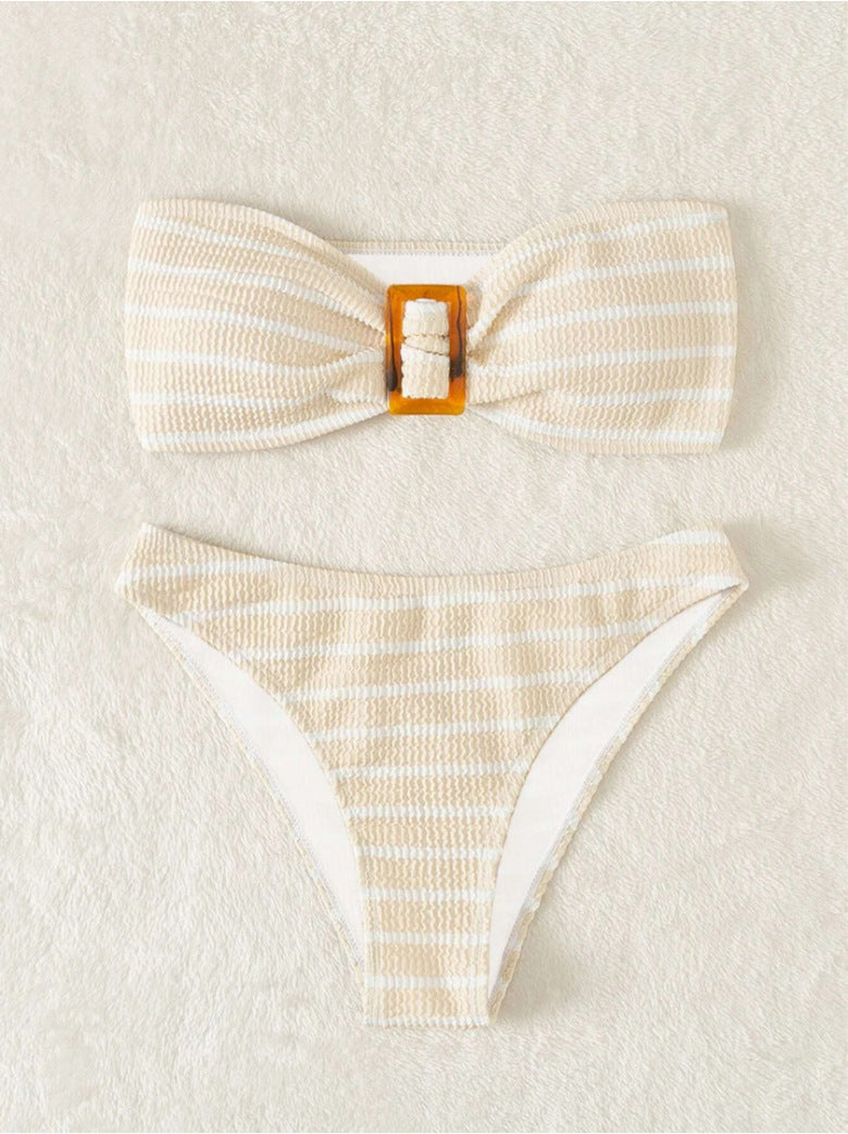 Damen Bandeau-Bikini mit modischem Streifenmuster und dekorativer Schnalle EB