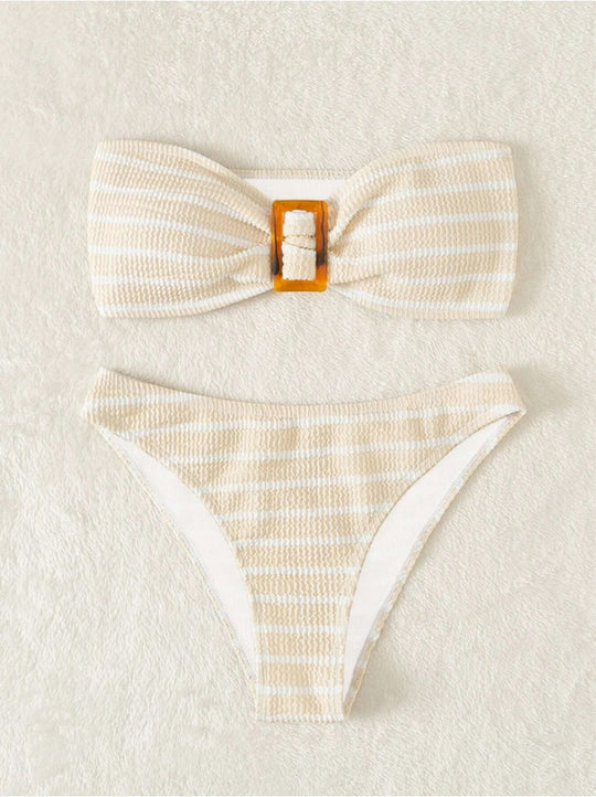 Damen Bandeau-Bikini mit modischem Streifenmuster und dekorativer Schnalle EB