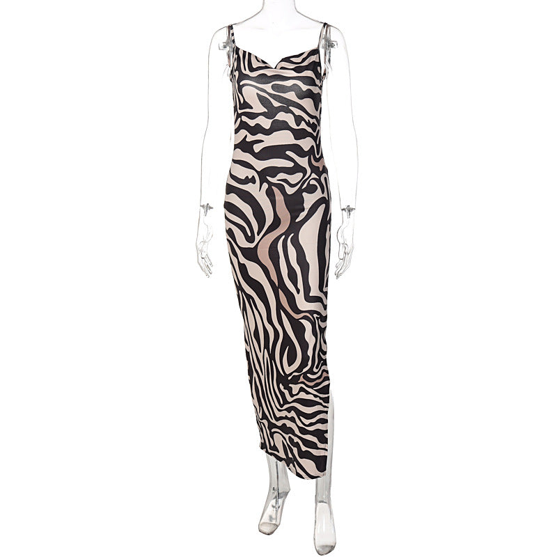 Damen Elegantes Maxikleid mit Leopardenmuster und sexy Schlitz EB