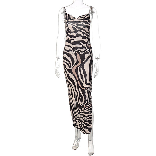 Damen Elegantes Maxikleid mit Leopardenmuster und sexy Schlitz EB