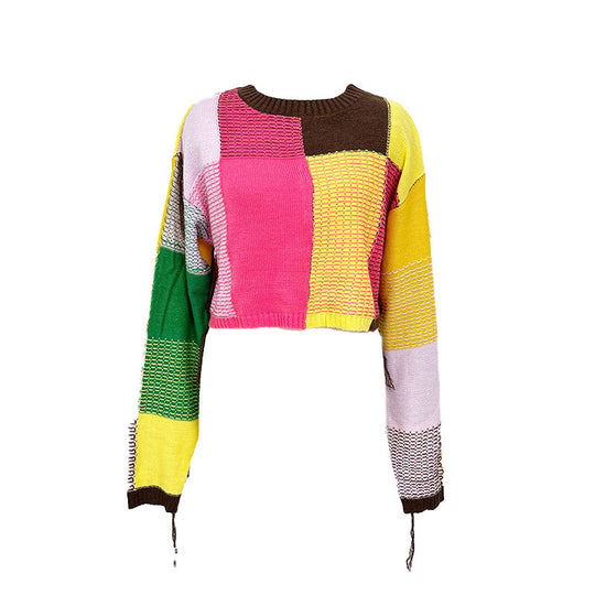 Damen modischer cropped Pulli mit buntem Patchwork-Design EB