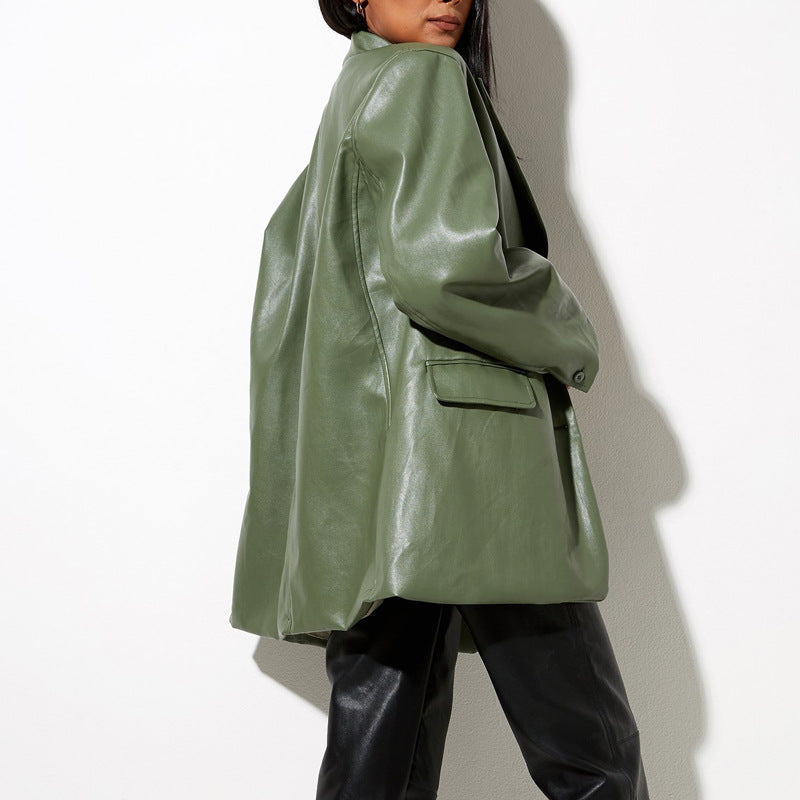 Damen Oversized Kunstleder Blazerjacke EB