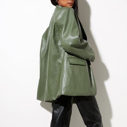 Damen Oversized Kunstleder Blazerjacke EB
