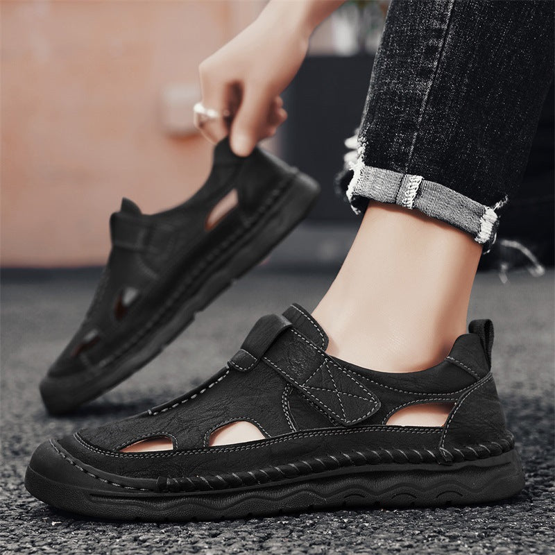 Herren Leder-Sandalen mit verstellbarem Klettverschluss und atmungsaktivem Design EB
