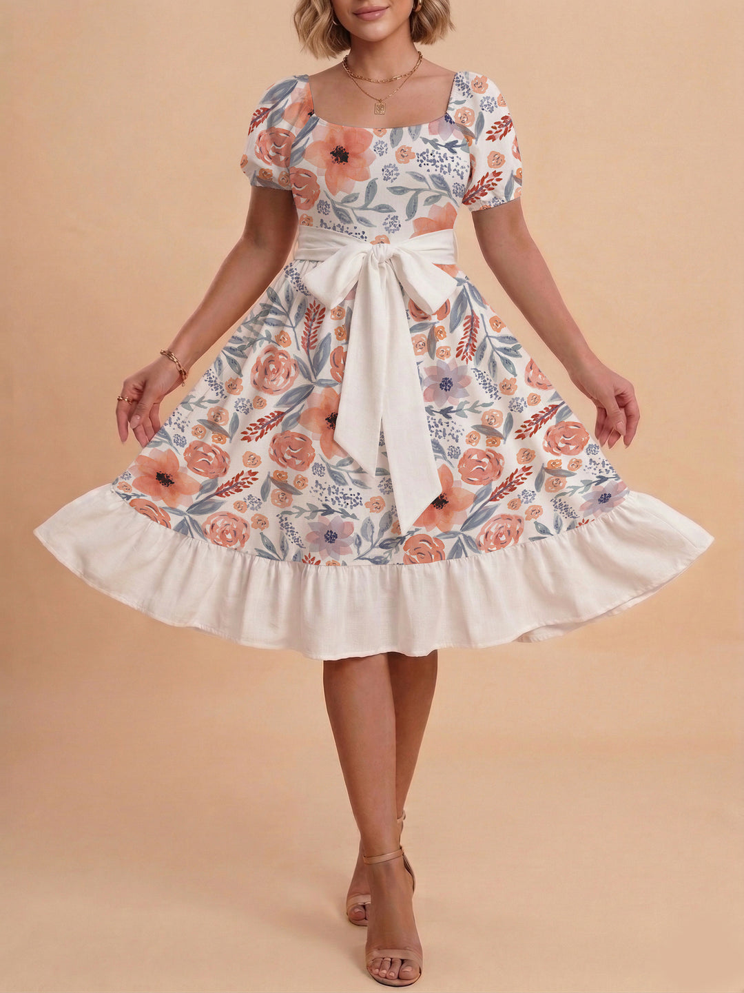 Damen Blumenkleid mit taillierbarem Gürtel und voluminösen Ärmeln EB
