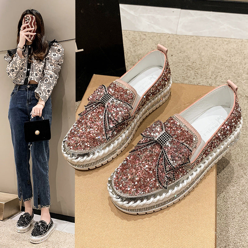 Damen Glitzernde Slip-On Sneakers mit dekorativem Schleifen- und Strass-Detail EB