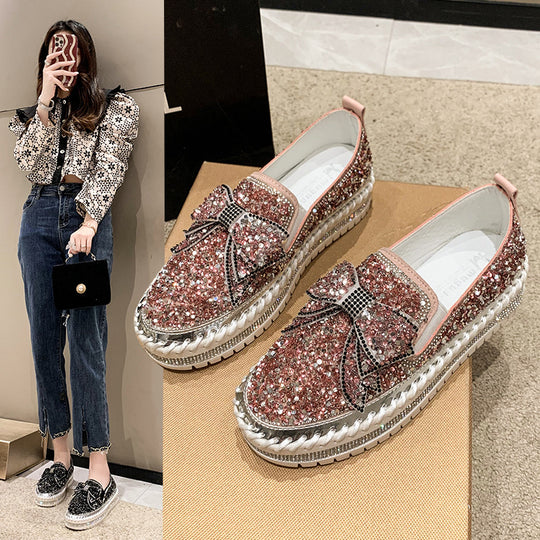 Damen Glitzernde Slip-On Sneakers mit dekorativem Schleifen- und Strass-Detail EB
