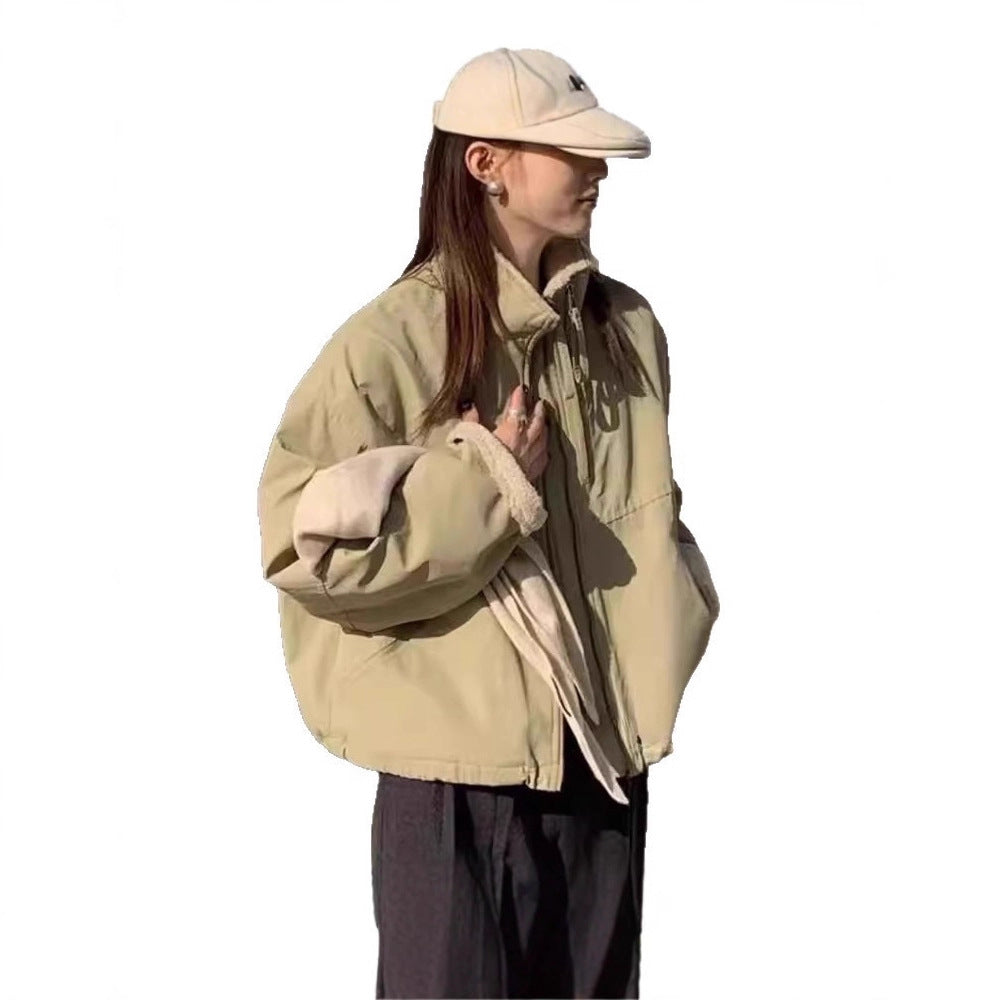 Damen Kurze Oversize Bomberjacke mit Teddyfutter an Bündchen und Stehkragen EB