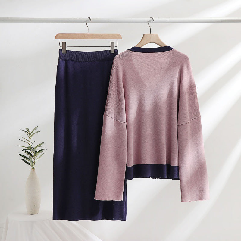 Damen elegantes Strick-Kombinationsset mit tiefem V-Ausschnitt und Kontrastdetails EB