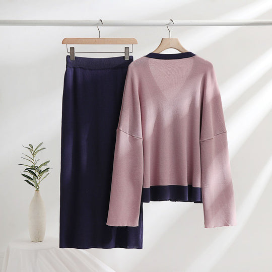 Damen elegantes Strick-Kombinationsset mit tiefem V-Ausschnitt und Kontrastdetails EB