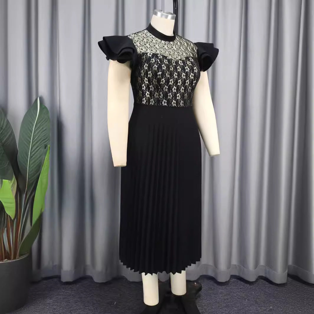 Damen Elegantes Plisseekleid mit floralem Spitzenoberteil EB