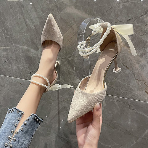 Damen schicke High Heels mit transparentem Riemen und zierlichem Perlenakzent EB