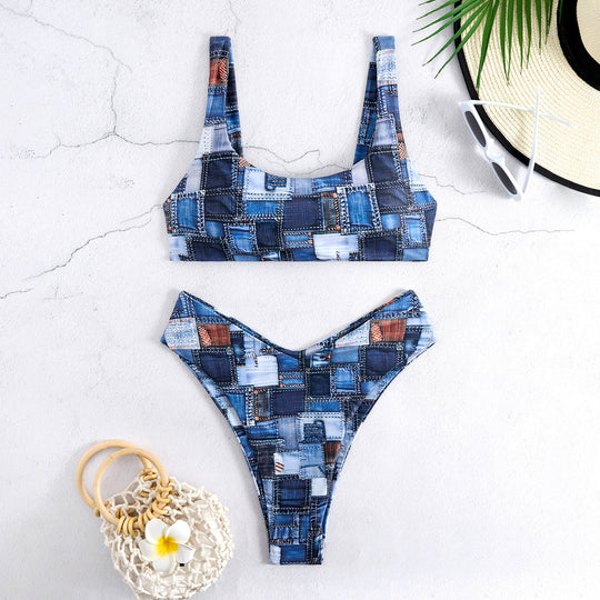 Damen Bikini-Set mit hoch geschnittenem Unterteil und sportlichem Oberteil EB