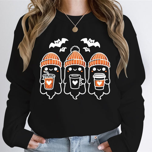 Damen nan gemütlicher Halloween Grafikpullover mit niedlichen Geist-Motiven, Rundhalsausschnitt und weichem Baumwollmix EB