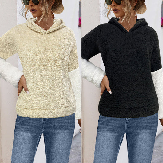 Damen lockerer Pullover mit weichem Teddy-Fleece und großem Kragen EB