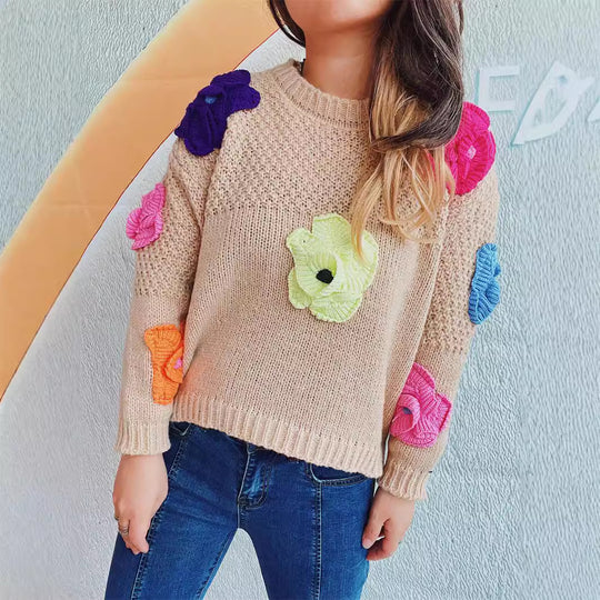Damen kuscheliger Strickpullover mit floralem 3D-Motiv EB